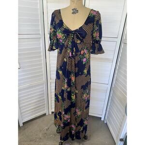 VTG Glydons 60s 70s Maxi Full Length Poly Knit Navy Floral Print Dress Sz Med